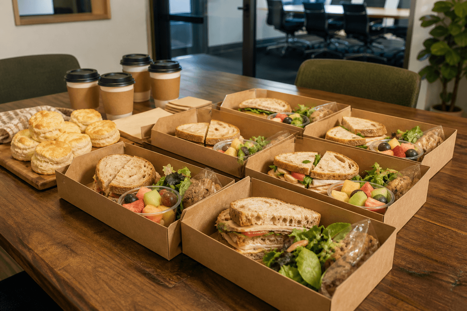 Fresh boxed lunches and buttermilk biscuits arranged for an office meeting