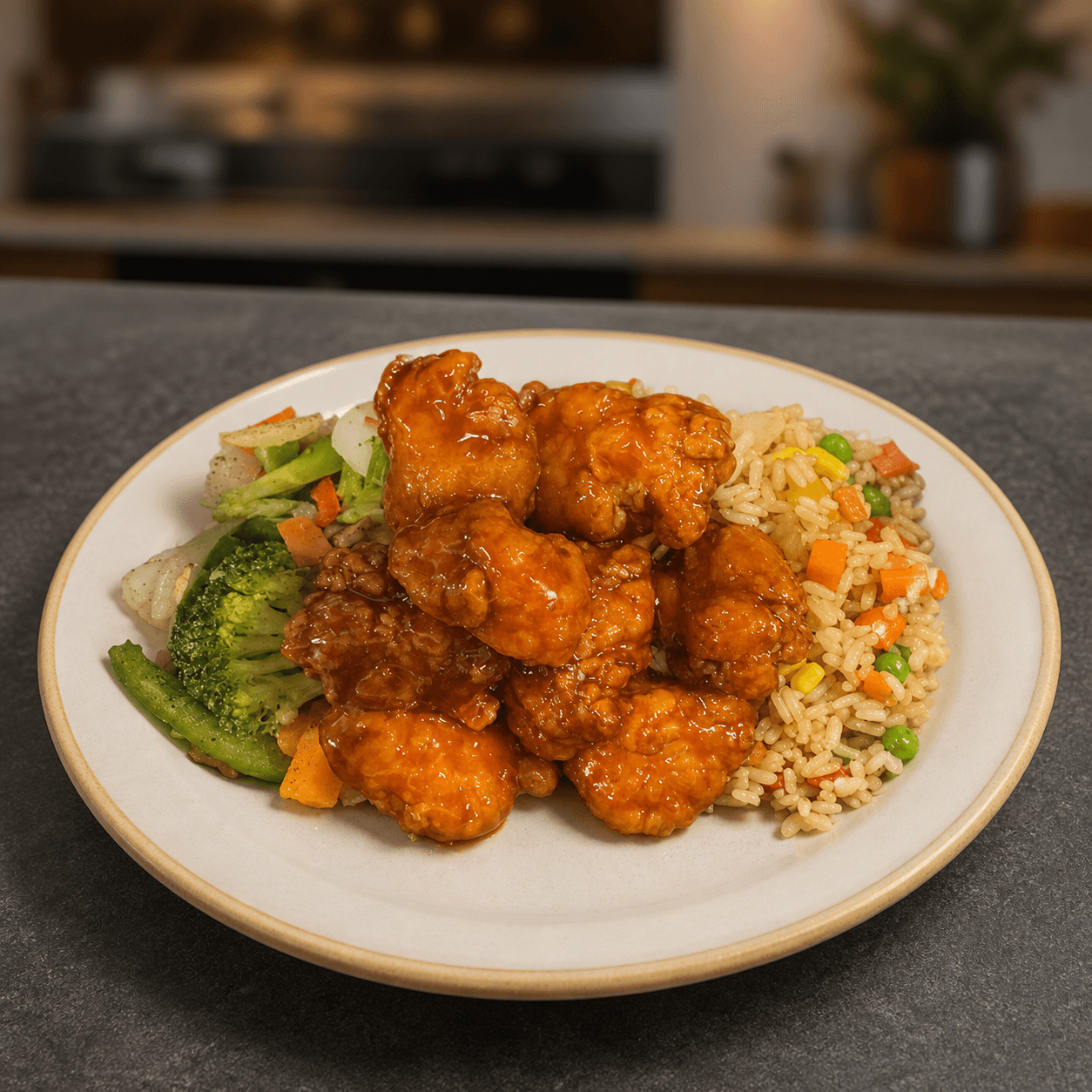 General Tso’s chicken with fried rice and mixed vegetables